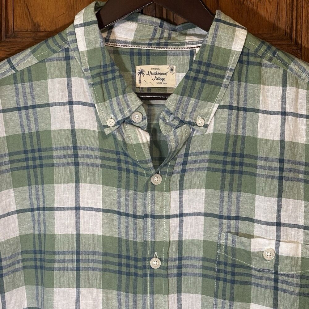 Weatherproof Vintage Washable Linen Shirt Men's XXL Green Plaid SS Button Down
